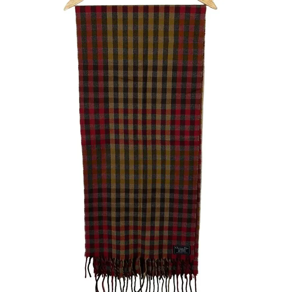 Christian Dior Scarf Plaid Red Beige Gorgeous Tassel Christmas